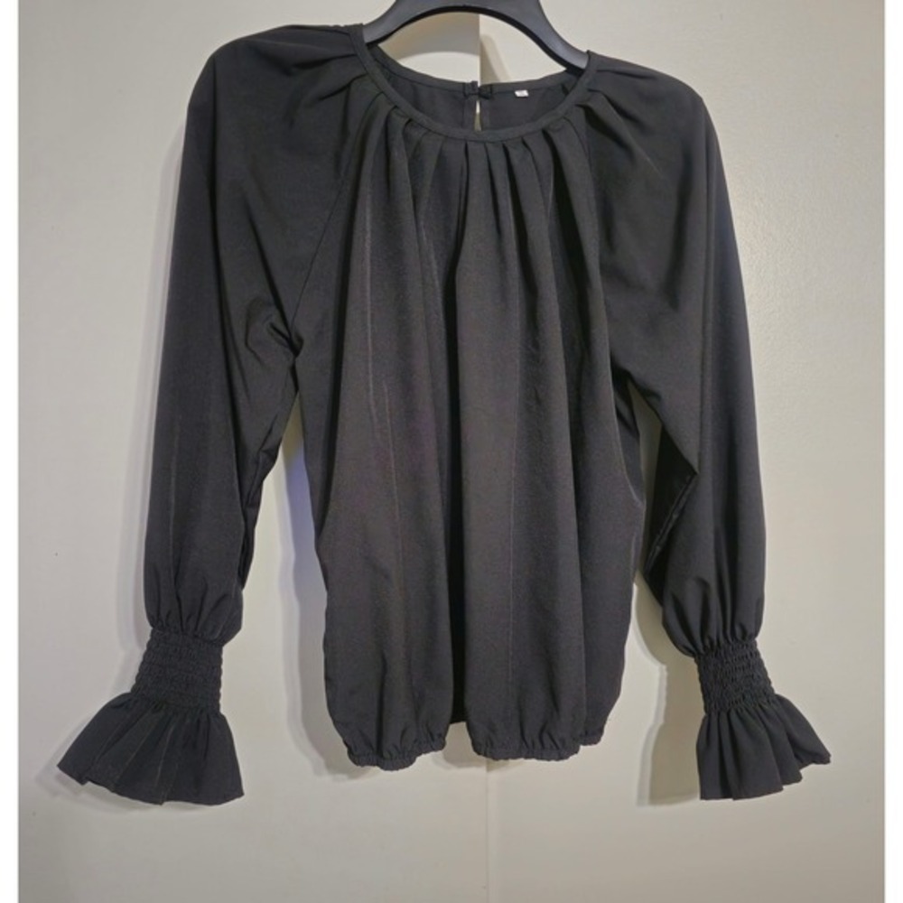 Black Pleated Neck Blouse Smocked Ruffle Cuff Long Sleeve Blouson Top S